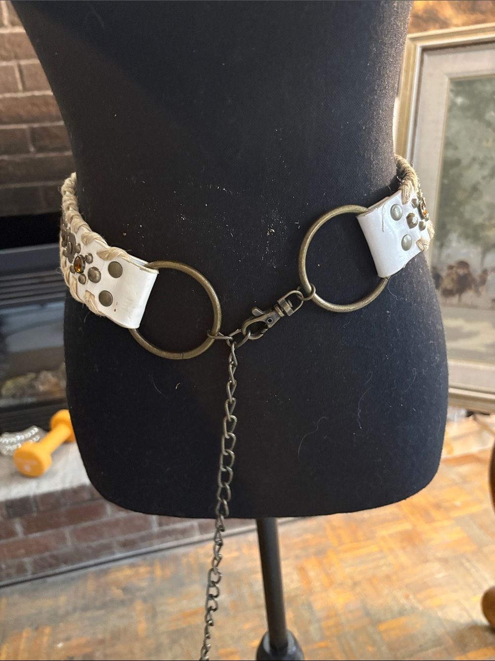 White Studded Chain Waist Belt with Antique Brass Rings